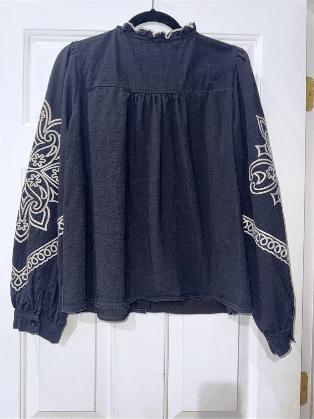 Women's Black Button-Down Top with Cream Embroidered Motif - Picture 3 of 4
